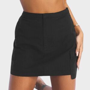 ALL THINGS GOLDEN Black Cargo Mini Skirt Sz S Asymmetric Pockets Lined Mid Rise